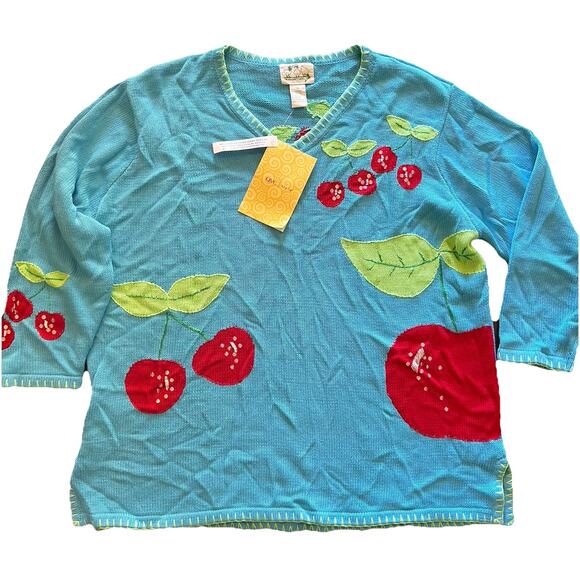 NEW The Quacker Factory Women’s Sweater Sz 1X Cherries 🍒 & Appliqués New w Tags - Picture 1 of 9